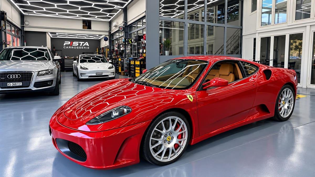 Coupé sportif rouge dans l'atelier de Carrosserie Pista