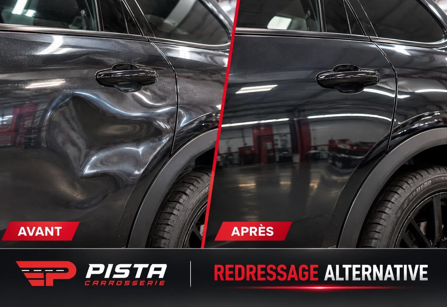 Avant et après : porte arrière noire fortement bosselée, puis restaurée sans trace visible