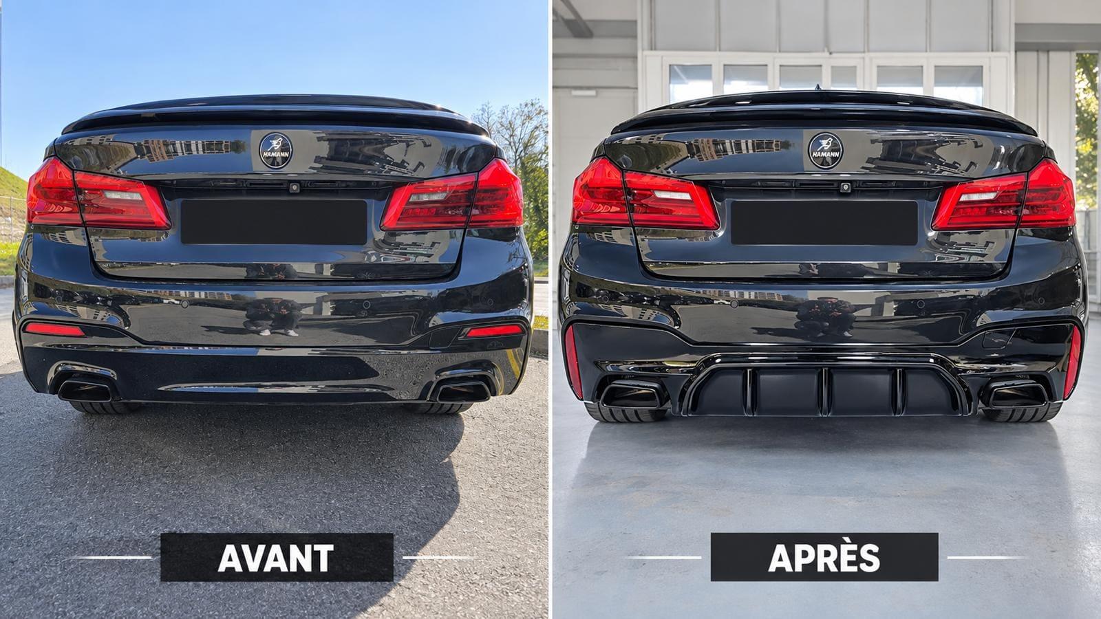 Avant et après : vue arrière d'une berline noire avant et après la modification du kit carrosserie