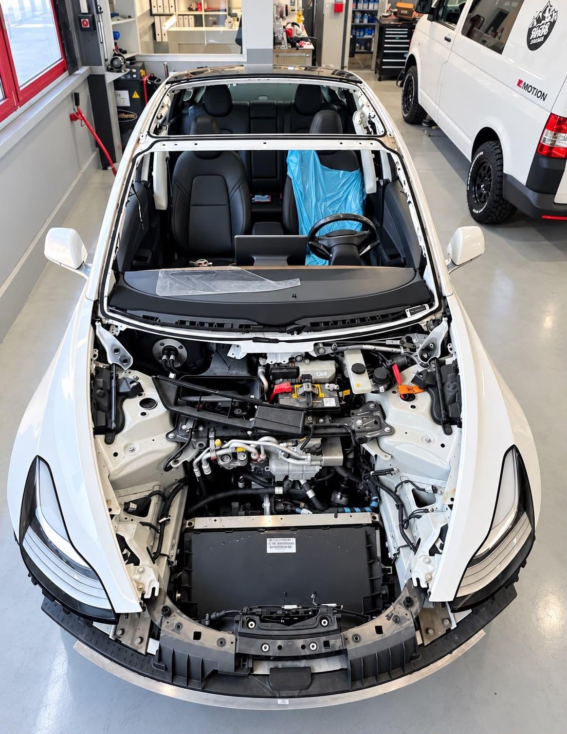 Véhicule blanc dont le pare-brise et le toit panoramique ont été déposés, dans l'atelier de Carrosserie Pista