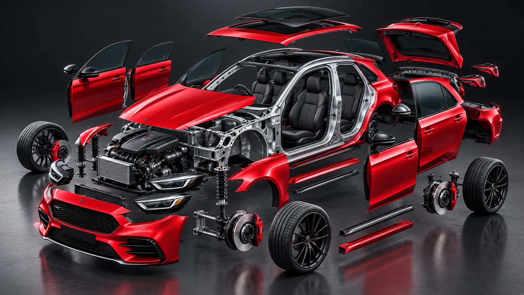 Vue éclatée d’une berline rouge dont les pièces s’assemblent, illustrant la précision de nos réparations de carrosserie et de mécanique